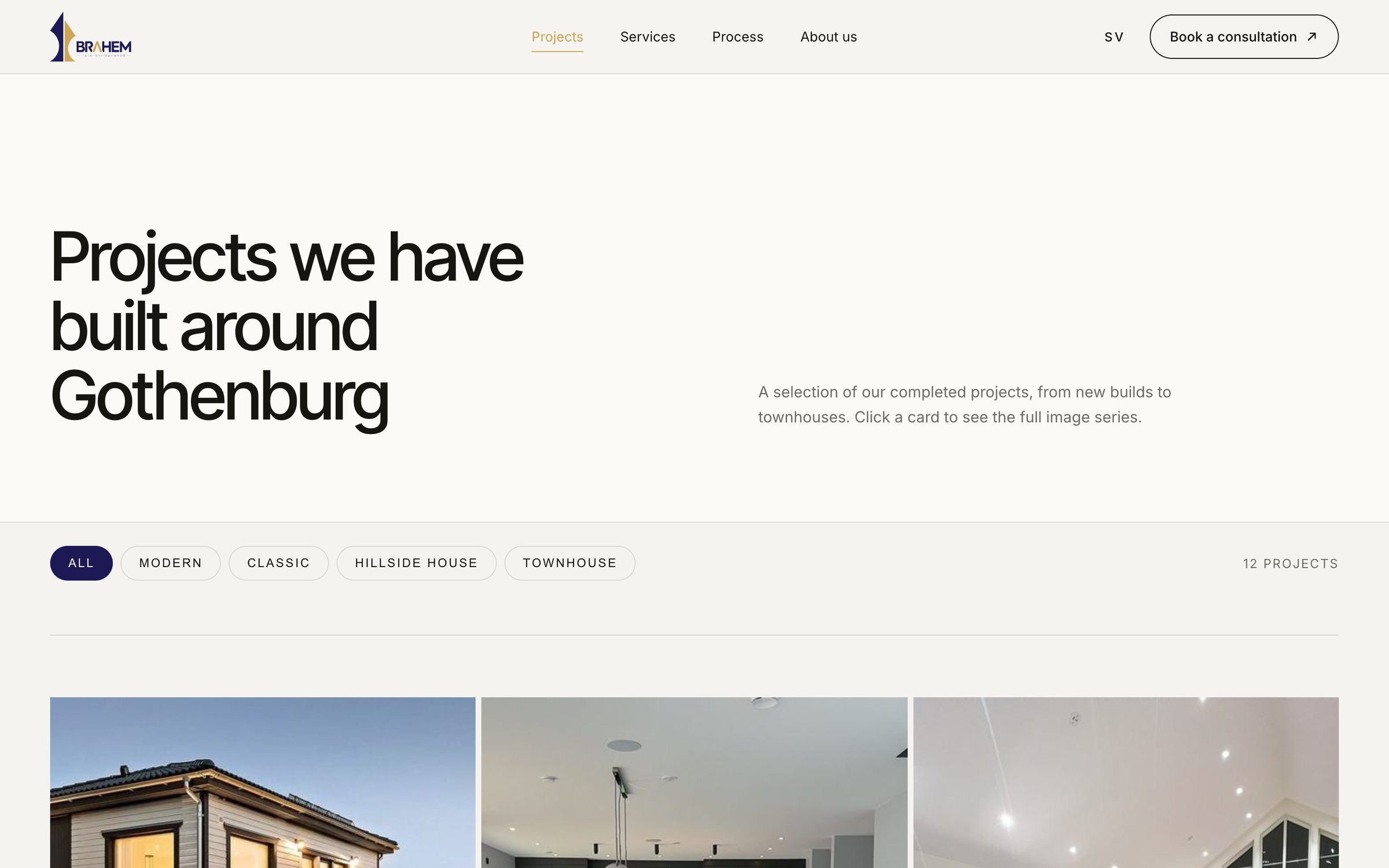 Projects page: Projects we have built around Gothenburg, with filters for modern, classic, hillside house and townhouse