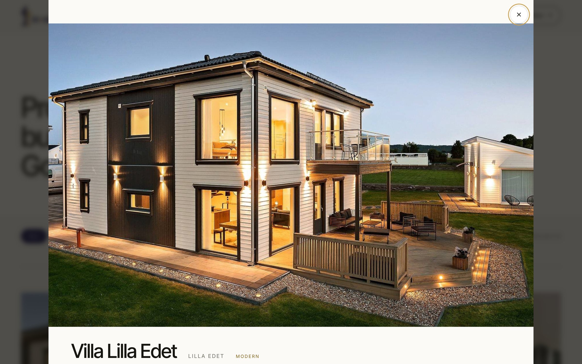 Full-screen project viewer showing Villa Lilla Edet at dusk