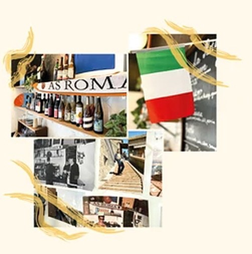 Collage: AS Roma scarf over wine shelves, an Italian flag and old photos