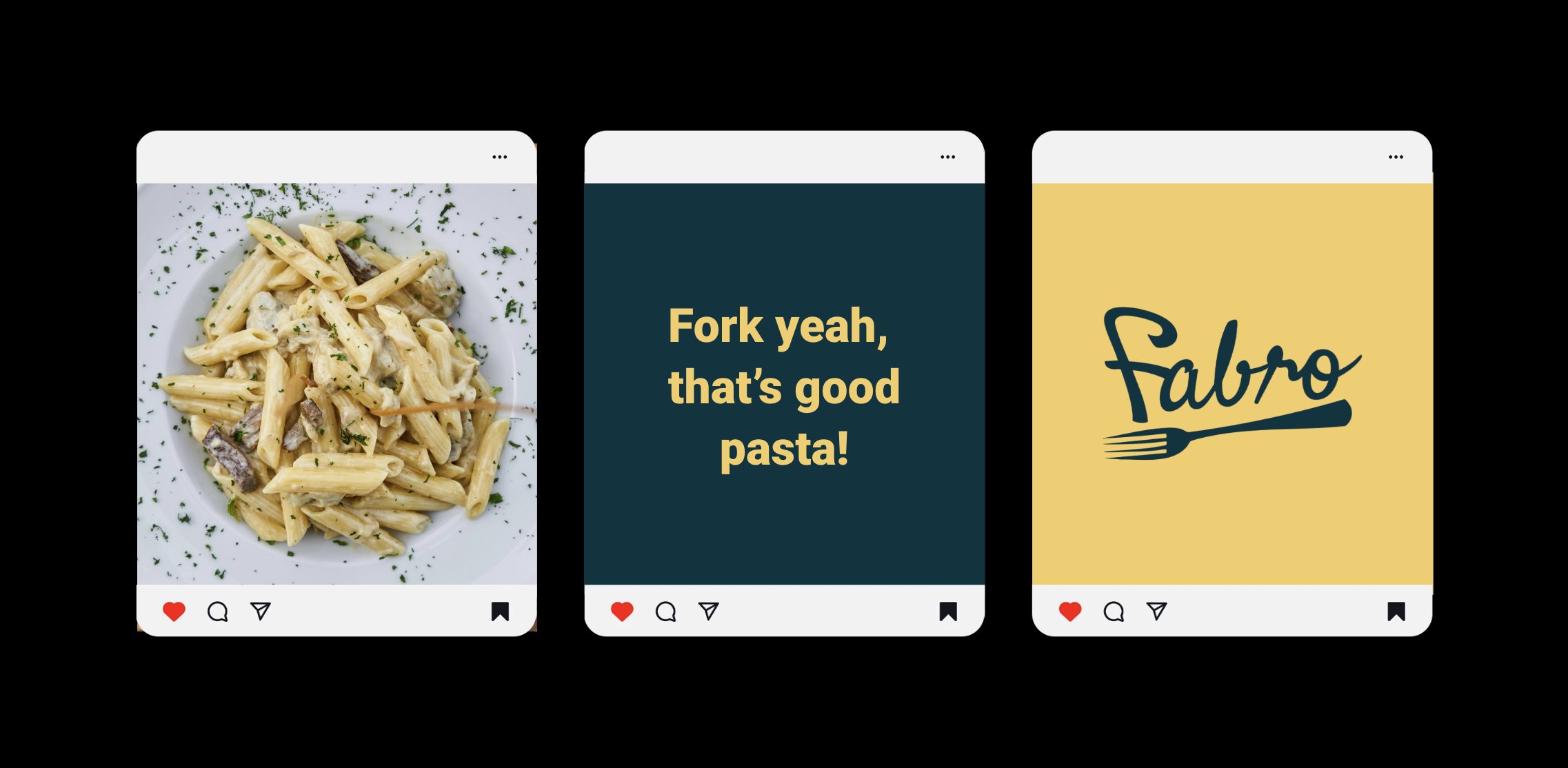 Three Instagram posts: a plate of penne, the line Fork yeah, that's good pasta! on teal, and the logo on yellow