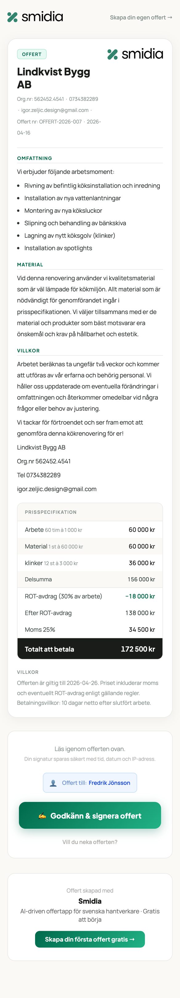 Smidia dashboard with approved quotes and active projects (mobile)
