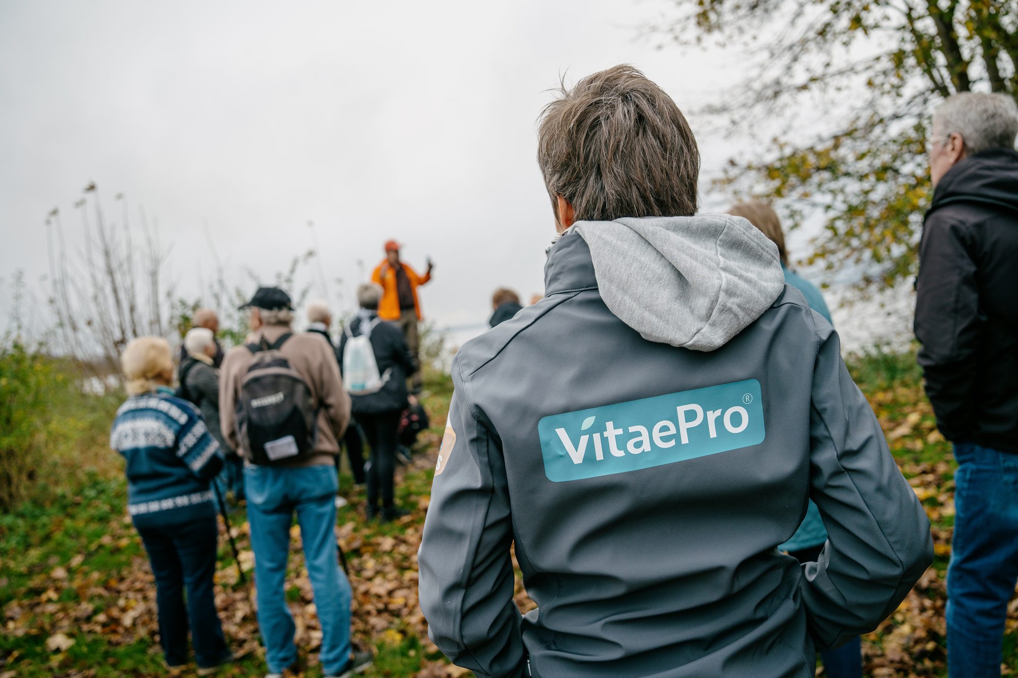 A group of walkers in a forest, one wearing a VitaePro jacket