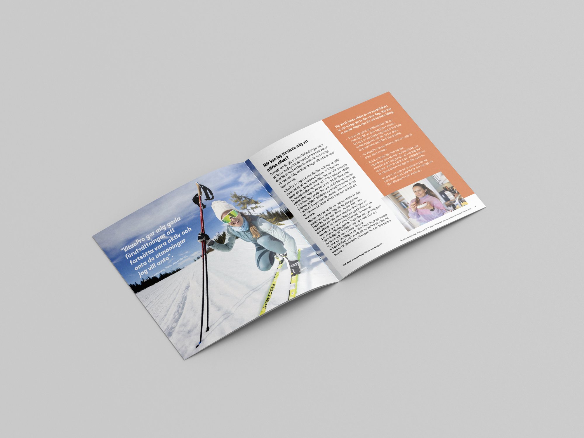 Brochure spread with a cross-country skier and a peach column of text