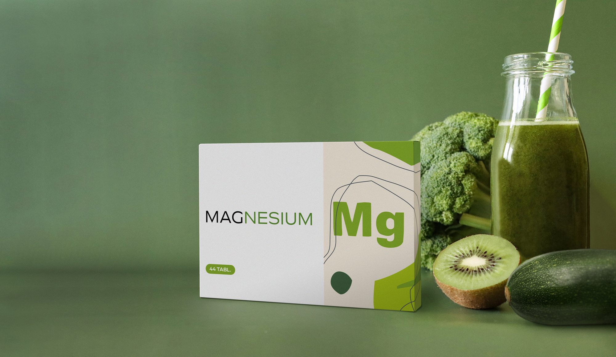 Magnesium pack with broccoli, a green smoothie, kiwi and avocado on green